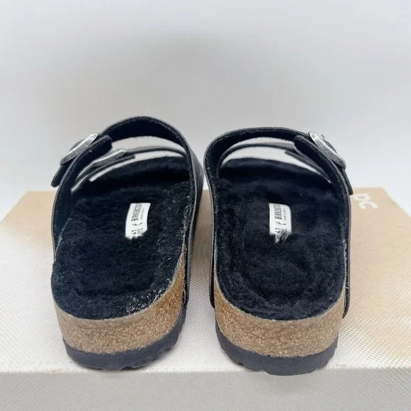 Birkenstock Arizona Shearling Synthetics Desert Dust Black Sandal Womens EU 41
